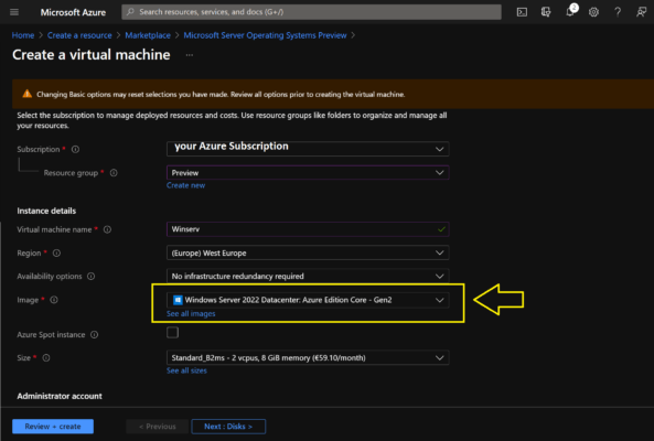 create windows server 2022 preview 1